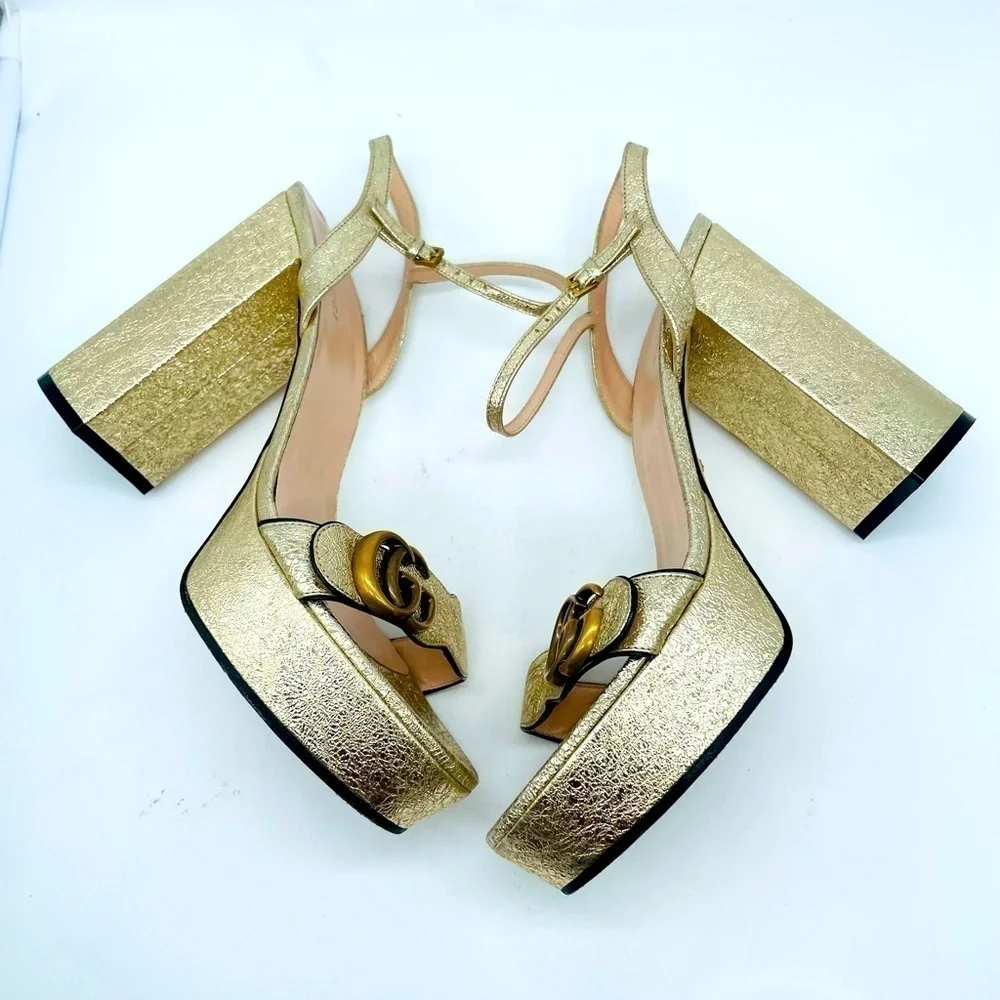 Gucci Galassia Metallic Gold leather GG Marmont ankle strap block heels 40.5